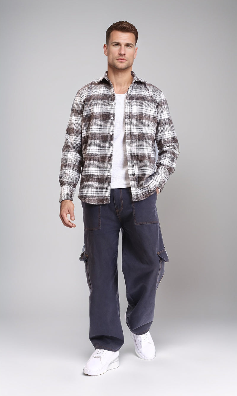 R213200 - Casual Buttons Down Tartan Shirt - Coffee & White