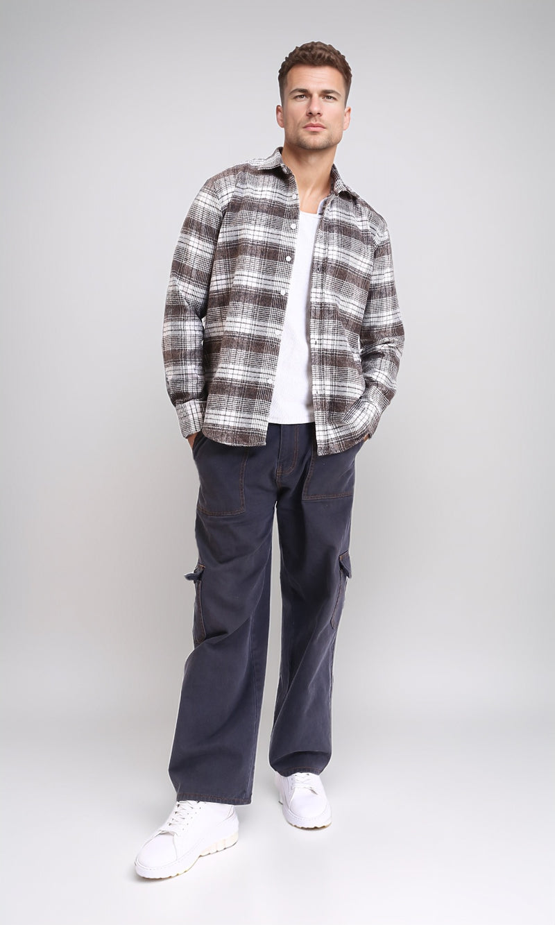 R213200 - Casual Buttons Down Tartan Shirt - Coffee & White
