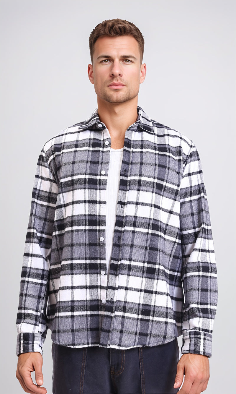 R213201 - Long Sleeves Casual Tartan Shirt - Grey & White