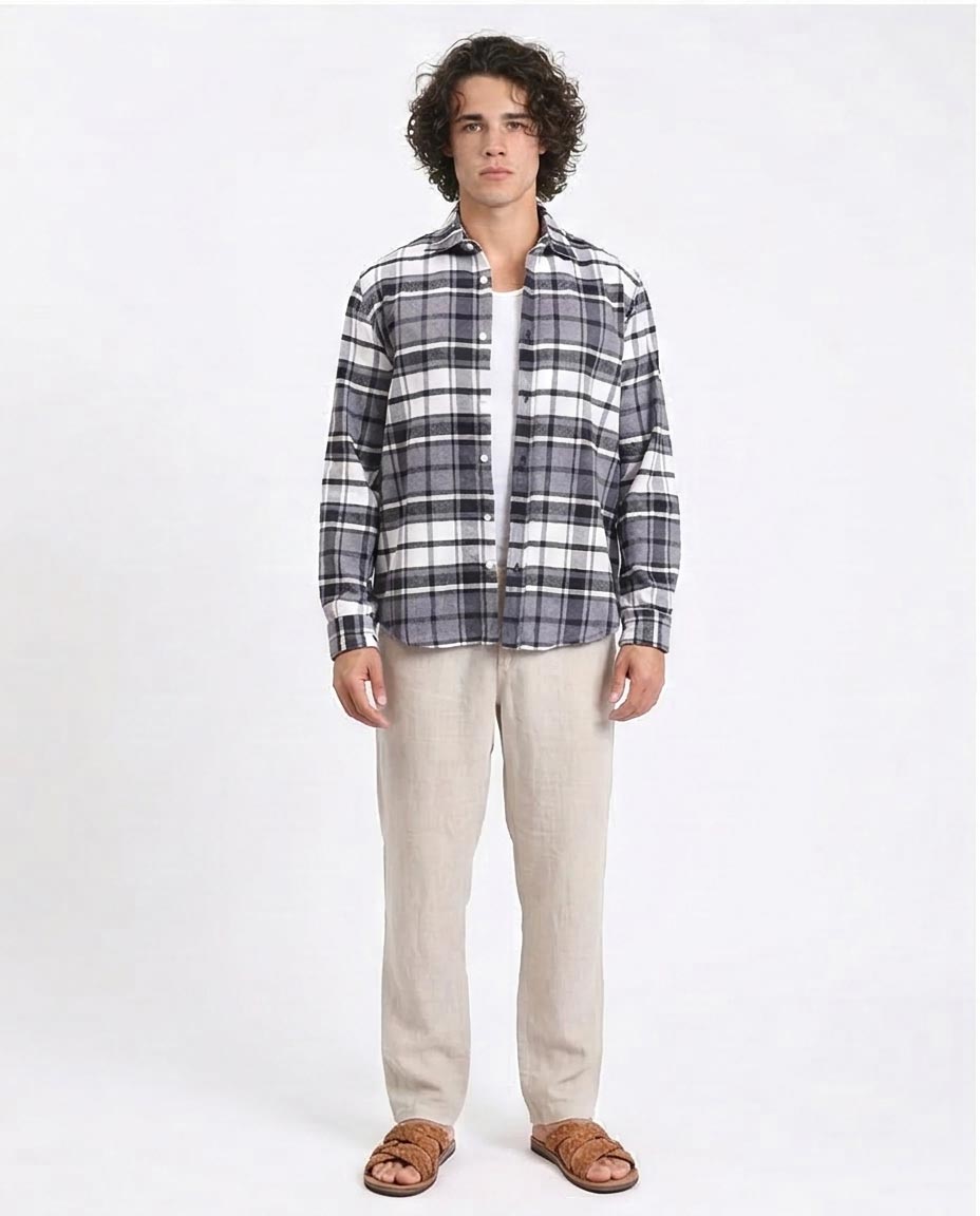 Ravin | Men's Oversized Heavyweight Plaid Flannel Shirt - Grey & White - R213201