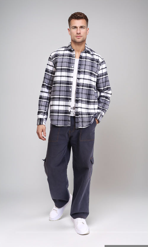 R213201 - Long Sleeves Casual Tartan Shirt - Grey & White