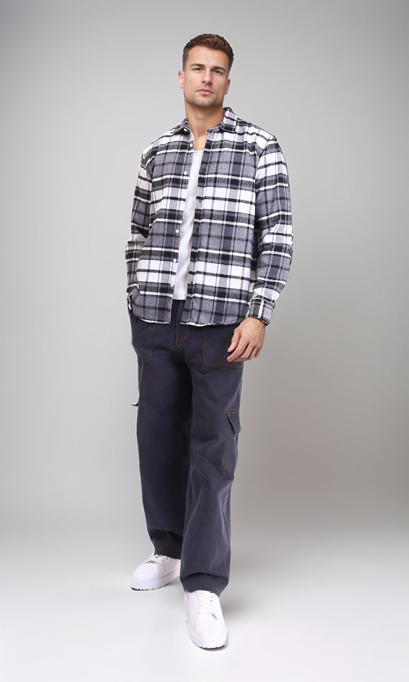 R213201 - Long Sleeves Casual Tartan Shirt - Grey & White