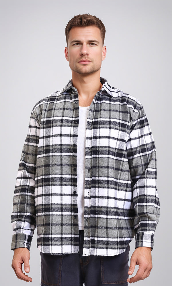 R213202 - Long Sleeves Casual Tartan Shirt - Olive & White
