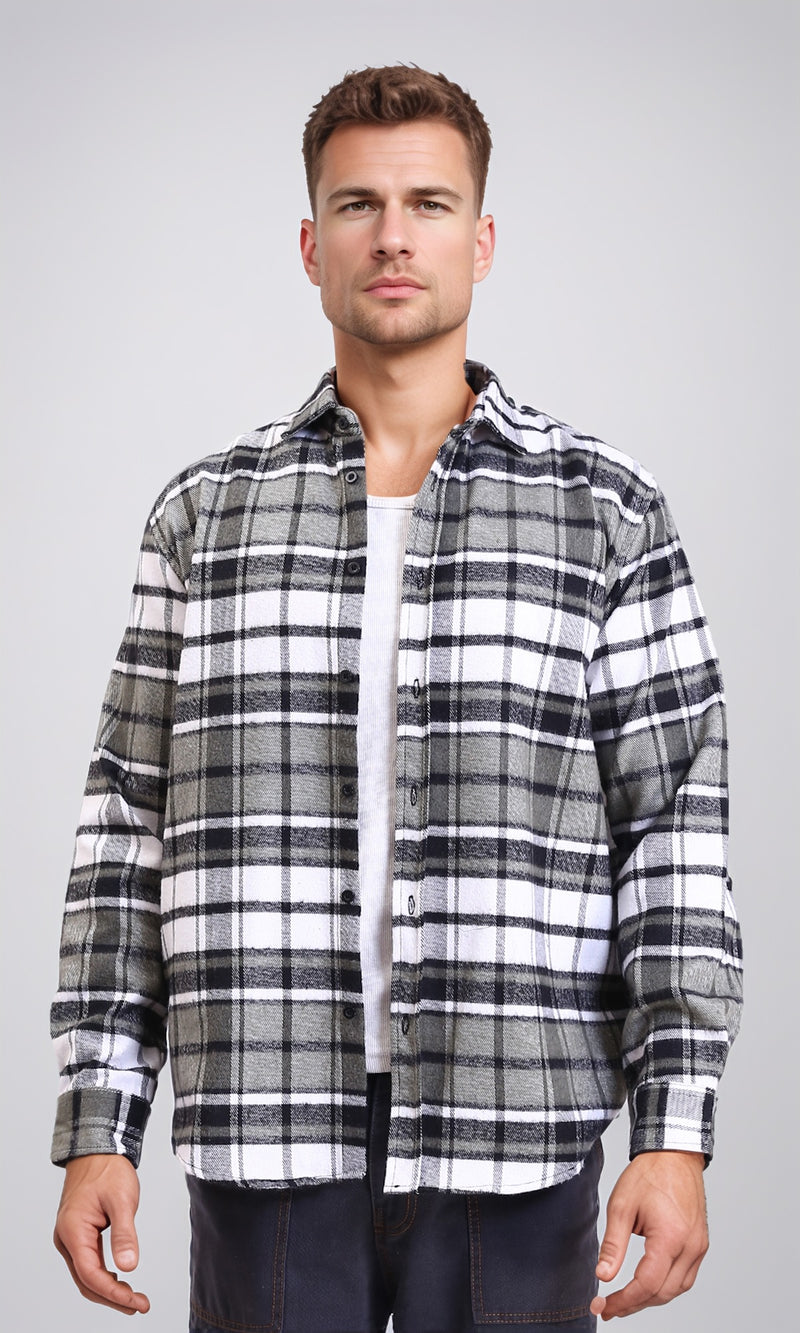 R213202 - Long Sleeves Casual Tartan Shirt - Olive & White