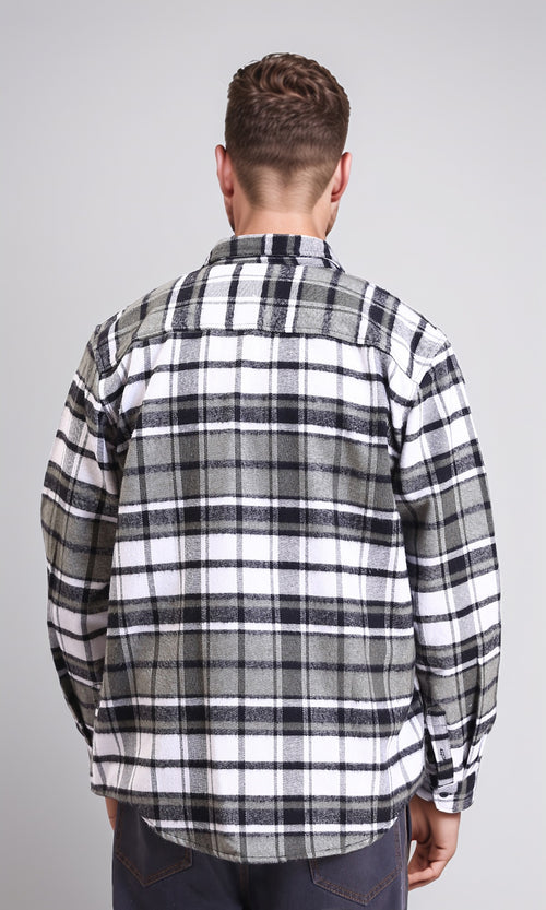 R213202 - Long Sleeves Casual Tartan Shirt - Olive & White