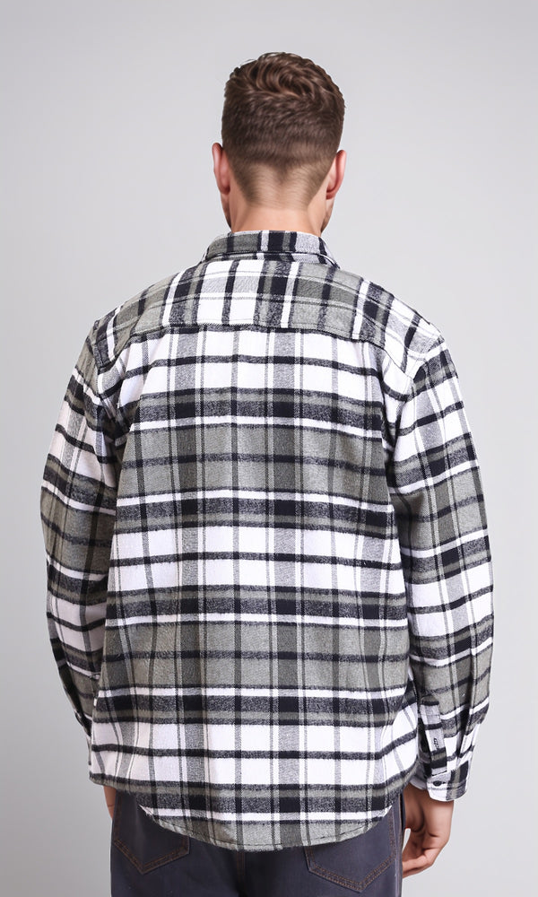 R213202 - Long Sleeves Casual Tartan Shirt - Olive & White