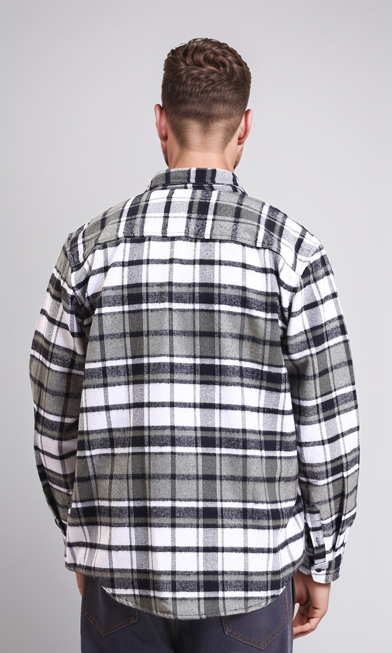 R213202 - Long Sleeves Casual Tartan Shirt - Olive & White