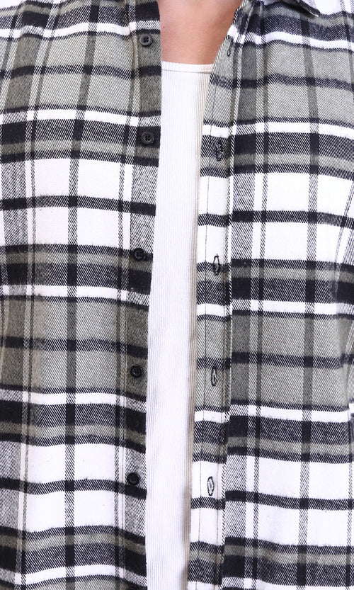 R213202 - Long Sleeves Casual Tartan Shirt - Olive & White