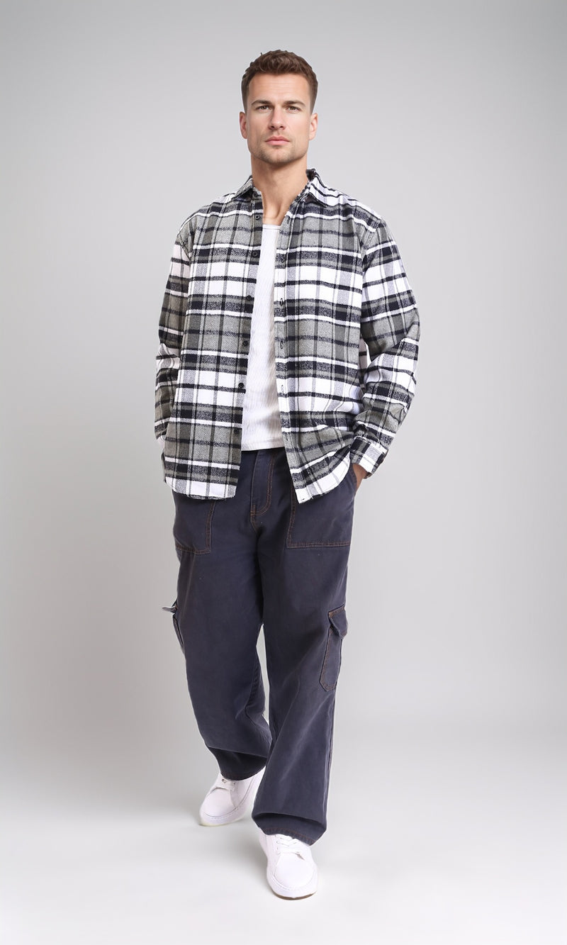 R213202 - Long Sleeves Casual Tartan Shirt - Olive & White