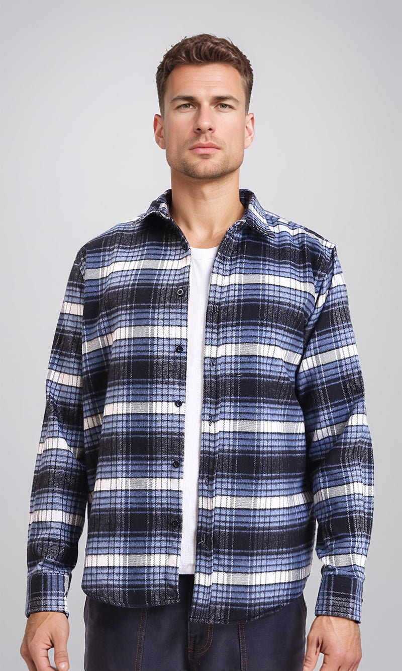 R213203 - Buttoned Long Sleeves Tartan Shirt - Light Blue & Black