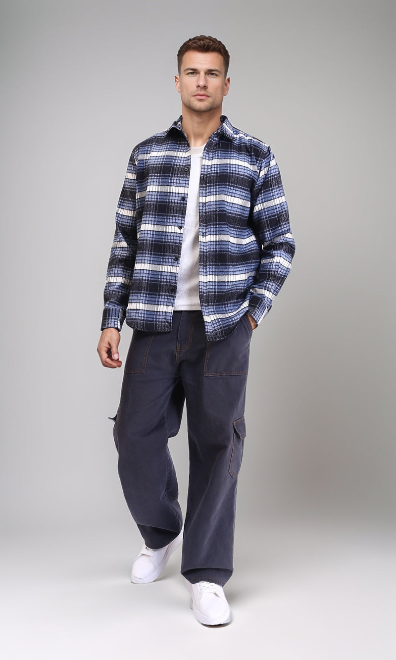 R213203 - Buttoned Long Sleeves Tartan Shirt - Light Blue & Black