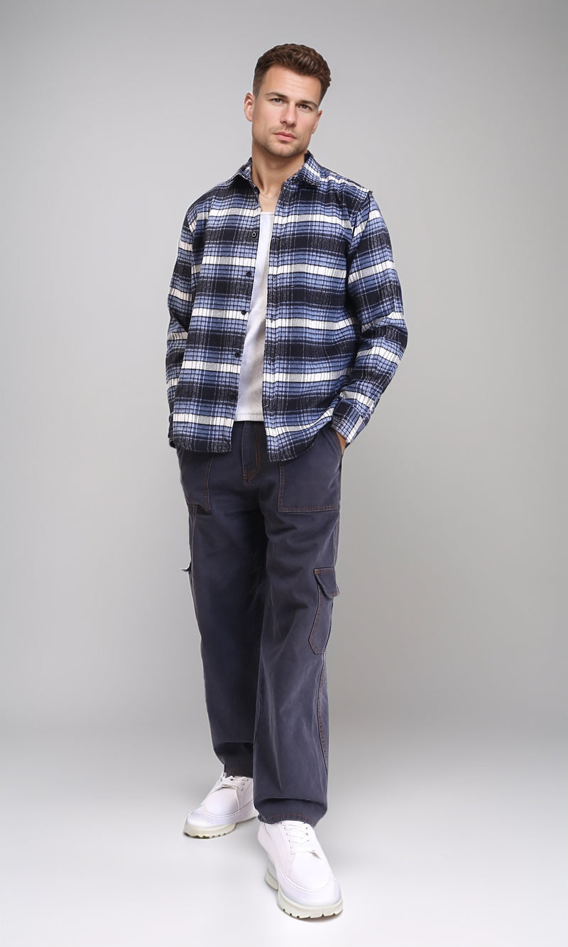 R213203 - Buttoned Long Sleeves Tartan Shirt - Light Blue & Black