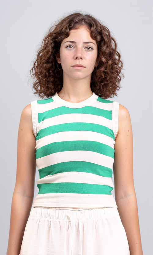 R213230 - Awning Stripes Sleeveless Summer Top - Green & White
