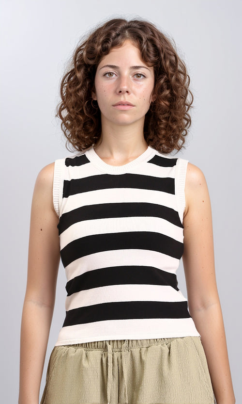 R213231 - Awning Stripes Sleeveless Summer Top - Black & White