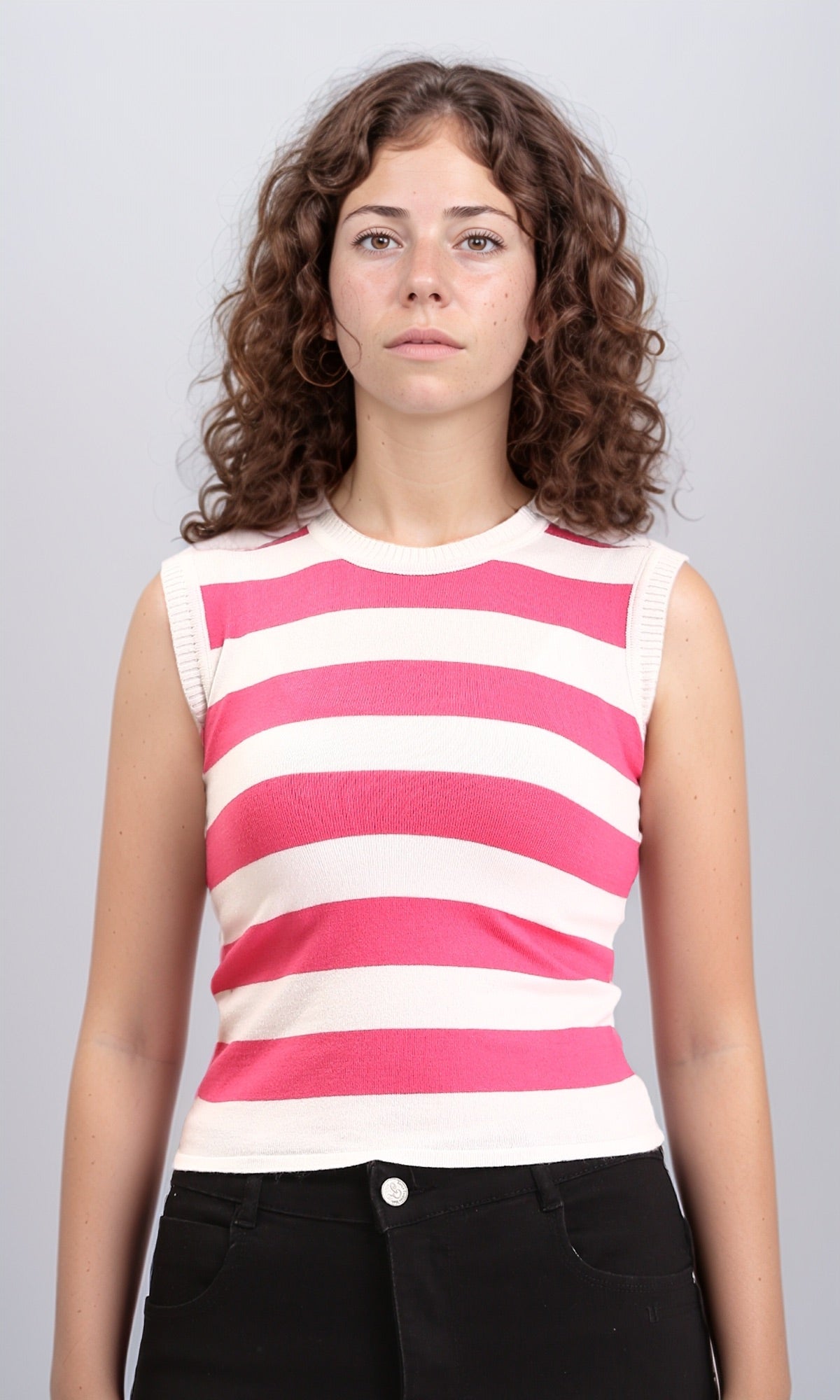 R213233 - Awning Stripes Sleeveless Summer Top - Fuchsia & White