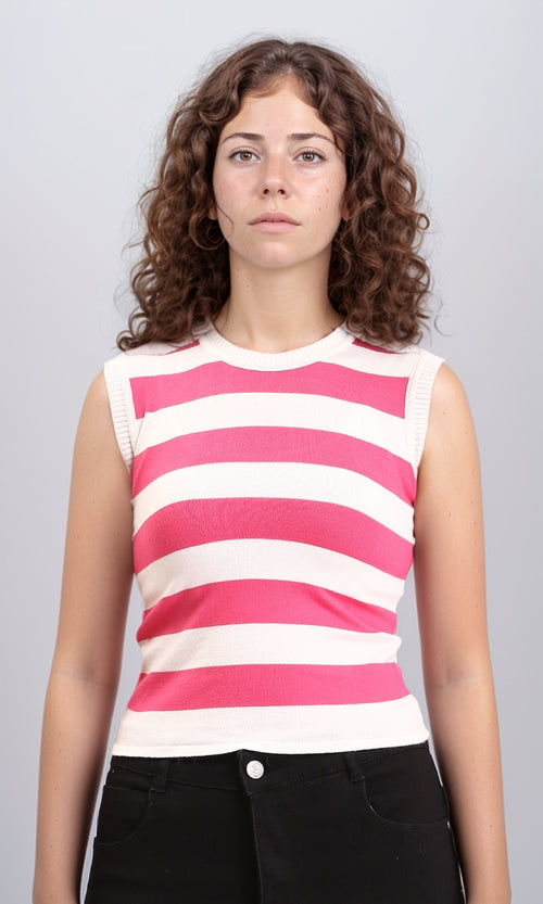 R213233 - Awning Stripes Sleeveless Summer Top - Fuchsia & White