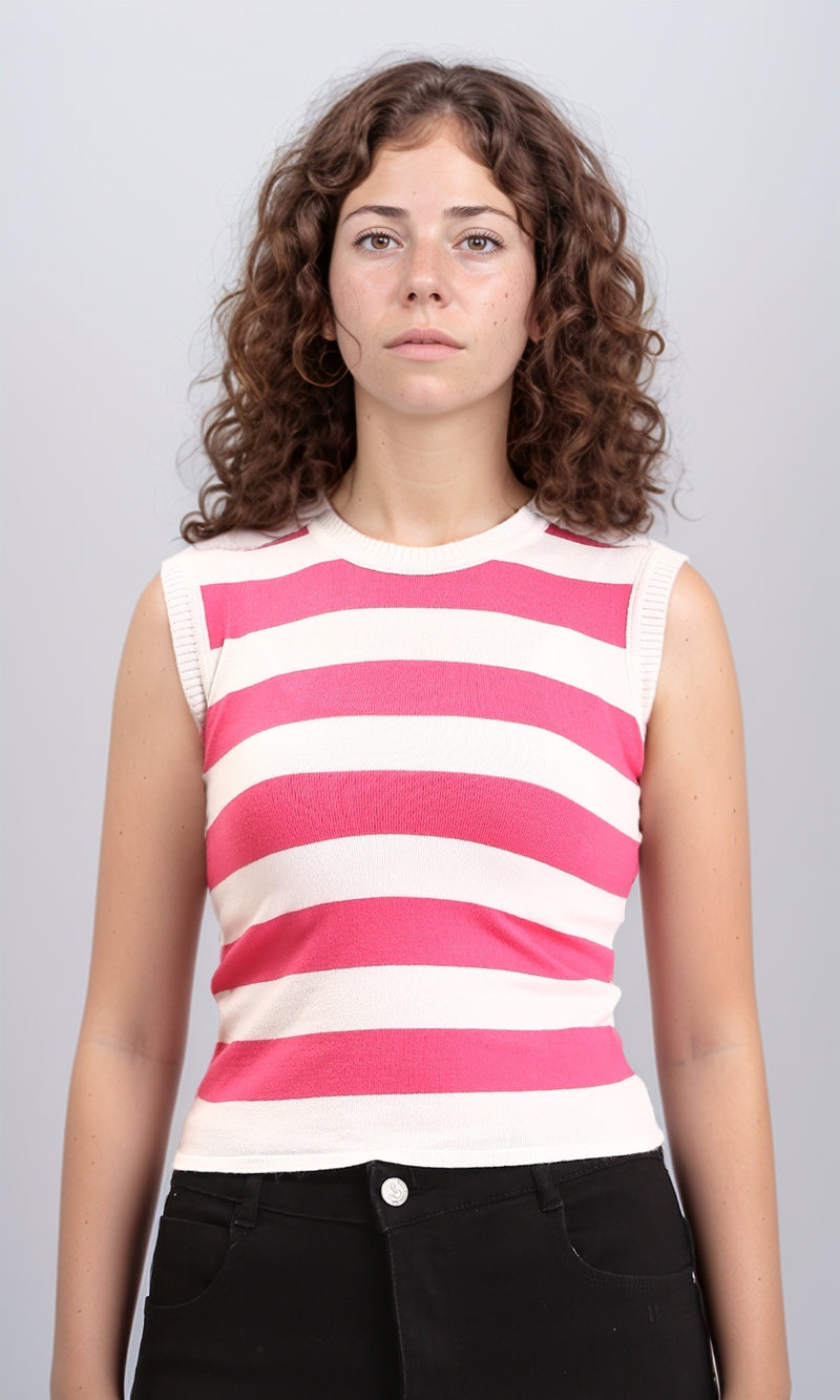 R213233 - Awning Stripes Sleeveless Summer Top - Fuchsia & White