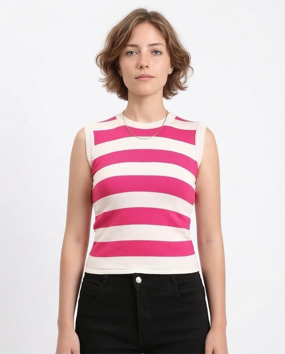 Women's Pink & Off-White Striped Sleeveless Knit Top
