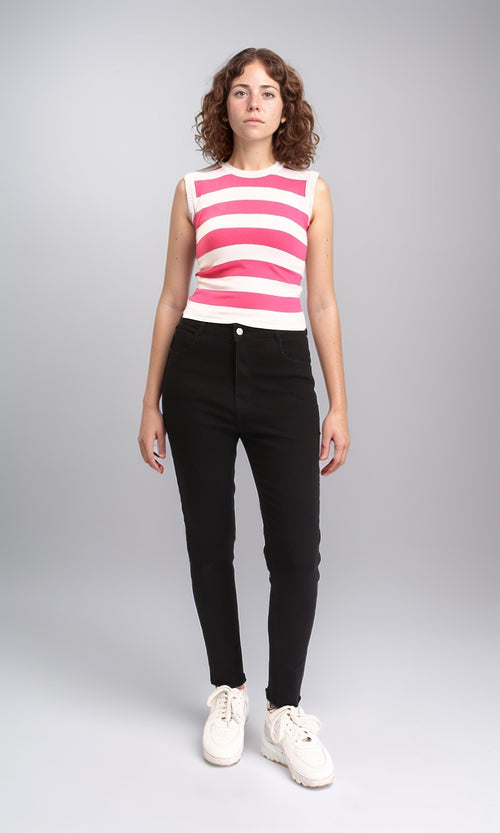 R213233 - Awning Stripes Sleeveless Summer Top - Fuchsia & White