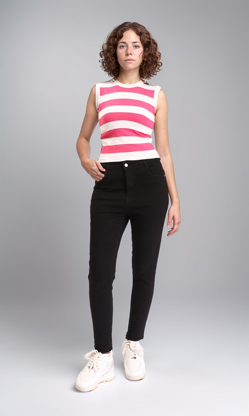 R213233 - Awning Stripes Sleeveless Summer Top - Fuchsia & White
