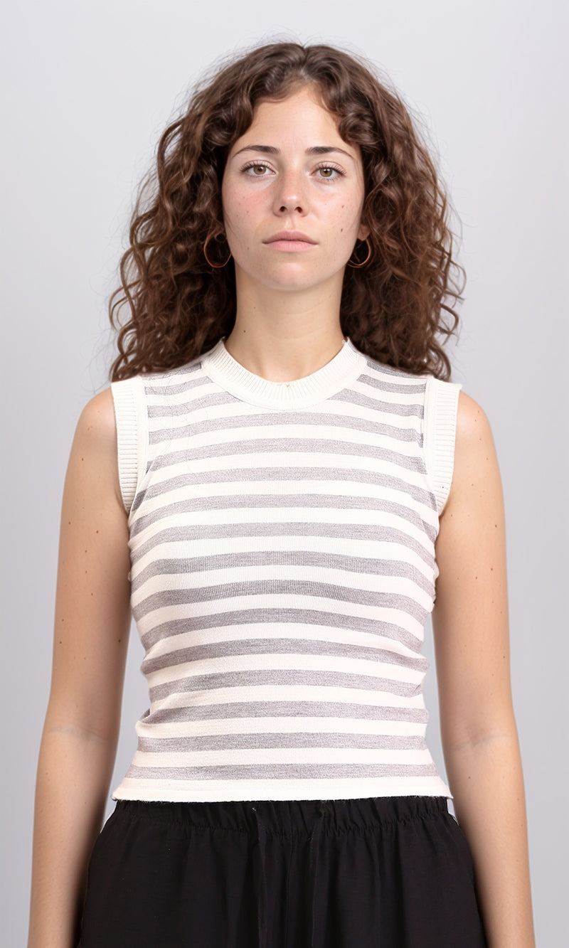 R213234 - Sleeveless Slip On Striped Top - Grey & White