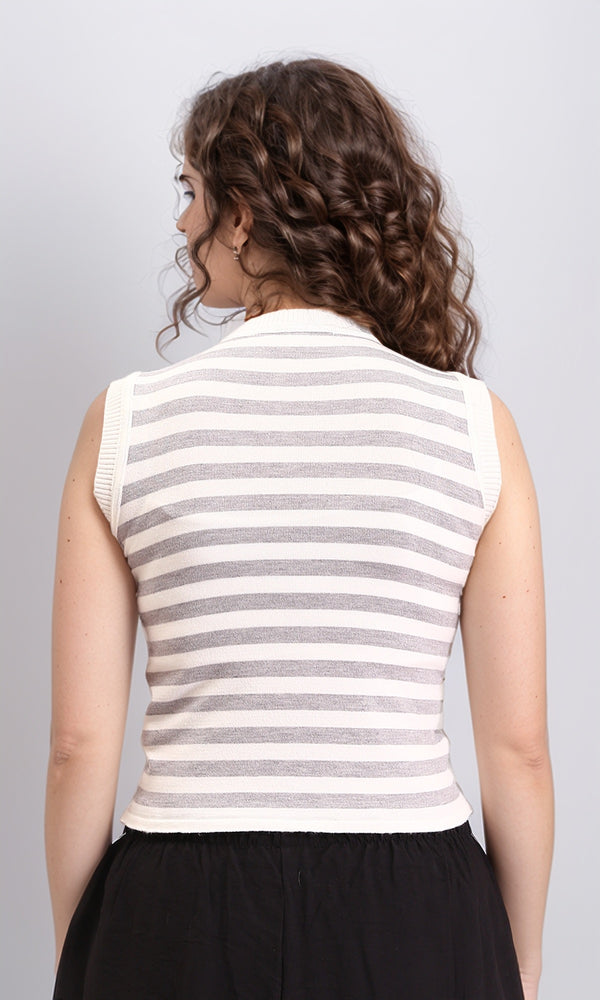 R213234 - Sleeveless Slip On Striped Top - Grey & White