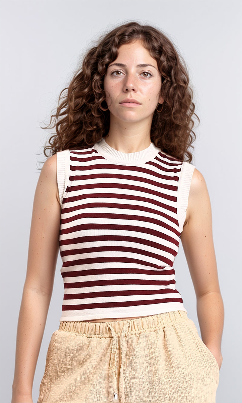 R213236 - Sleeveless Slip On Striped Top - Maroon & White