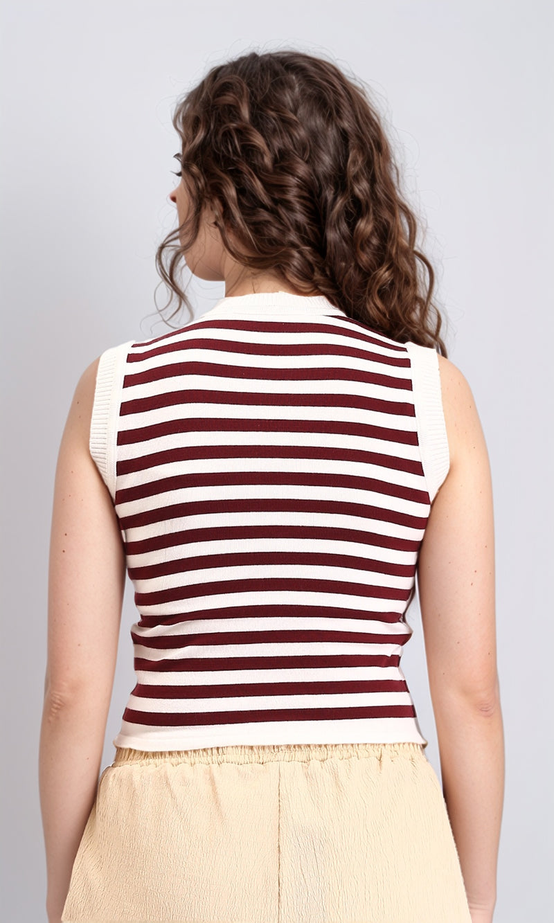 R213236 - Sleeveless Slip On Striped Top - Maroon & White