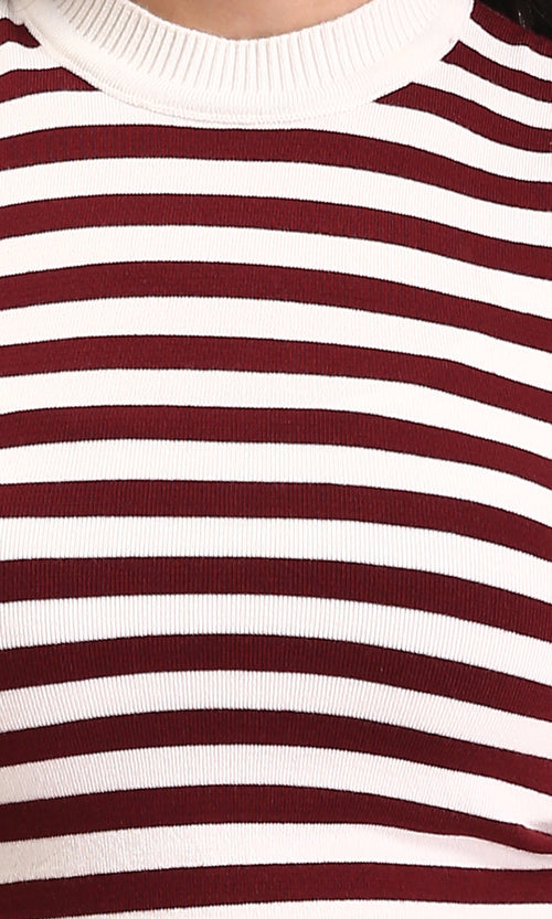 R213236 - Sleeveless Slip On Striped Top - Maroon & White