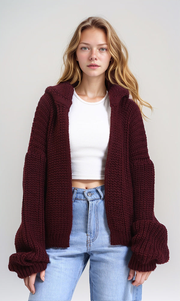 R213237 - Chunky Knit Slip On Hooded Cardigan - Dark Burgundy