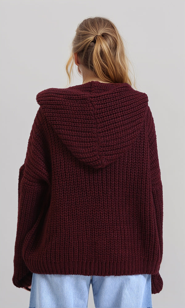 R213237 - Chunky Knit Slip On Hooded Cardigan - Dark Burgundy