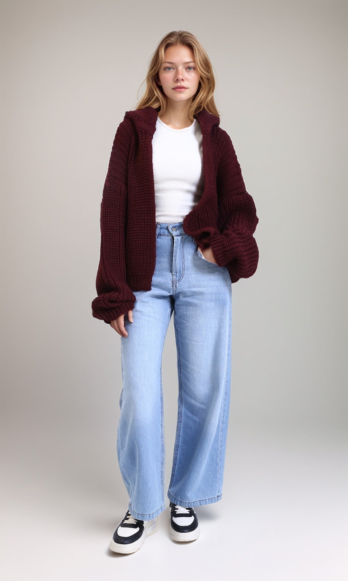 R213237 - Chunky Knit Slip On Hooded Cardigan - Dark Burgundy