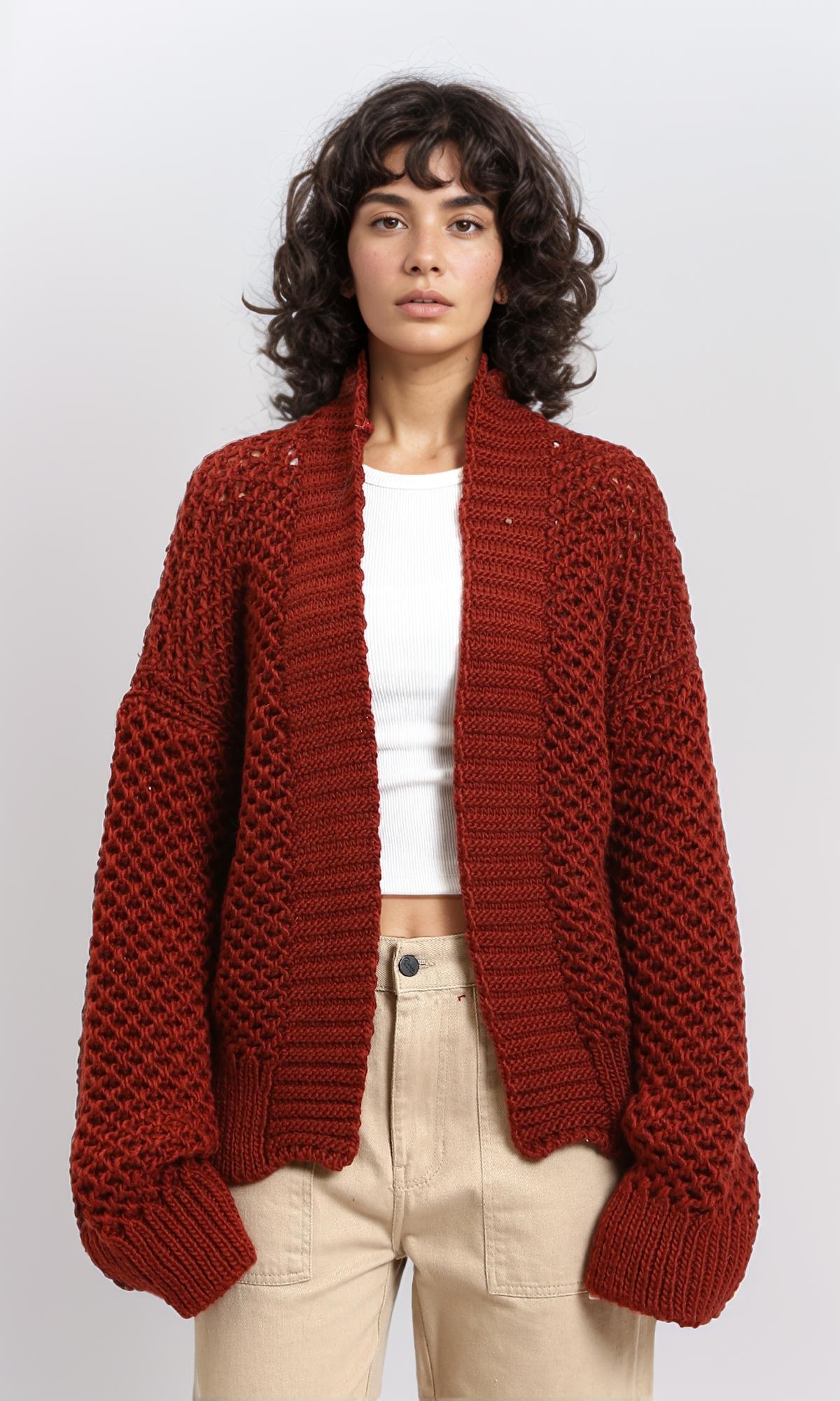 R213240 - Slip On Chunky Knit Winter Cardigan - Rust Red