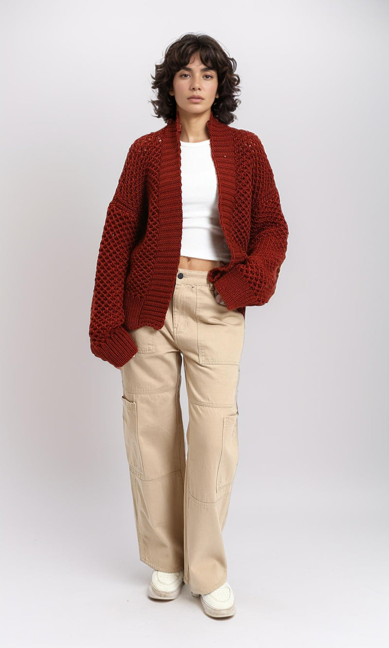 R213240 - Slip On Chunky Knit Winter Cardigan - Rust Red