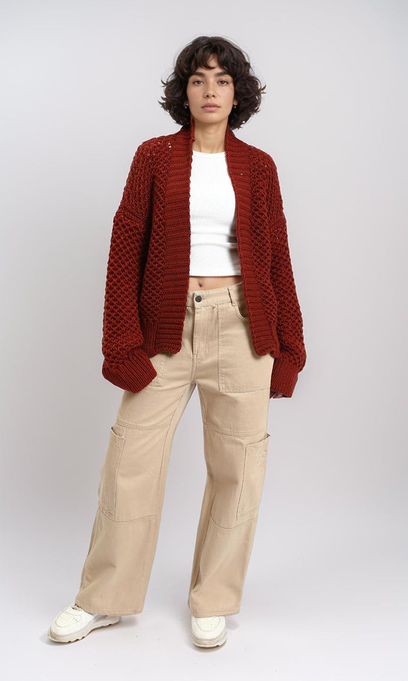 R213240 - Slip On Chunky Knit Winter Cardigan - Rust Red