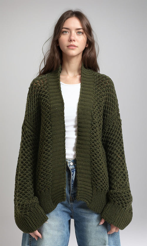 R213241 - Ribbed Neckline Slip On Cardigan - Dark Olive