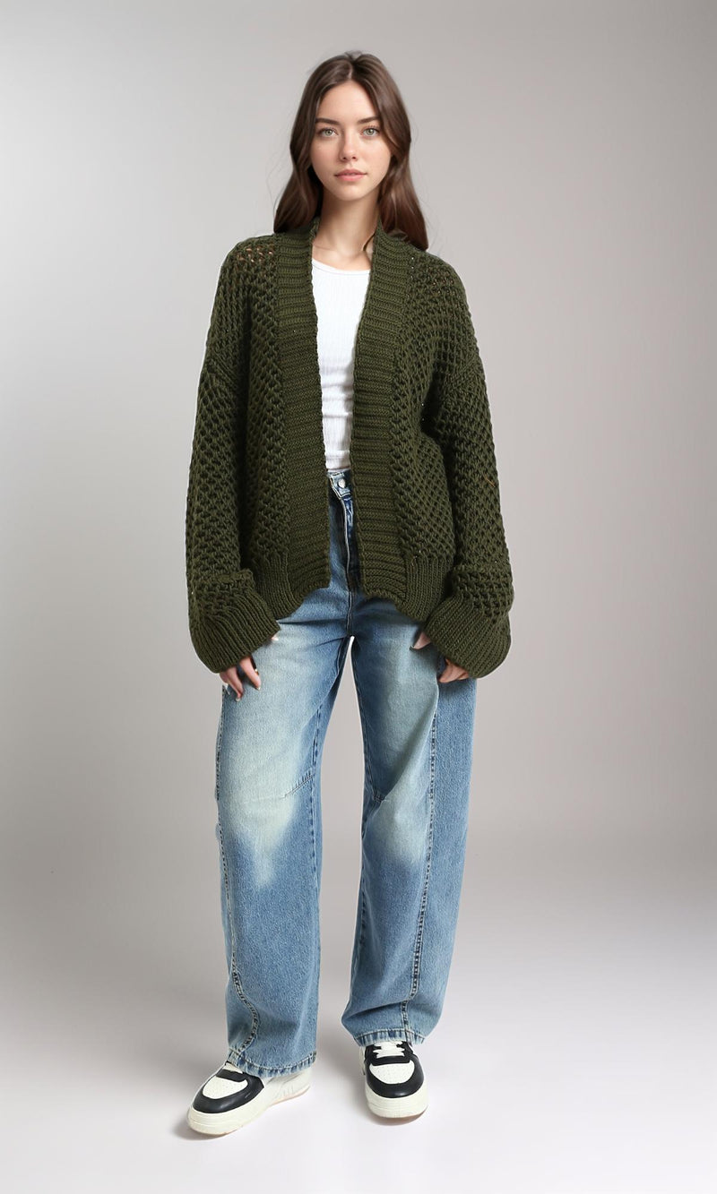 R213241 - Ribbed Neckline Slip On Cardigan - Dark Olive