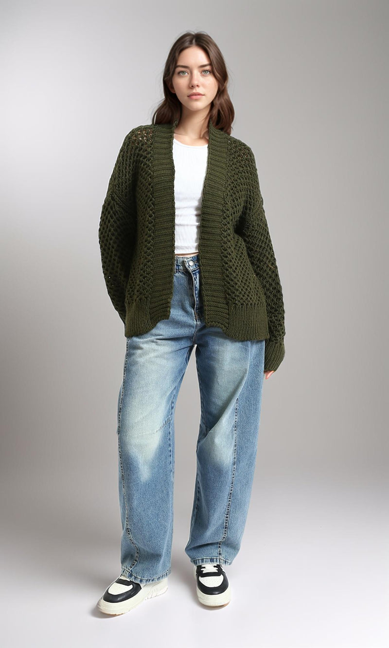 R213241 - Ribbed Neckline Slip On Cardigan - Dark Olive