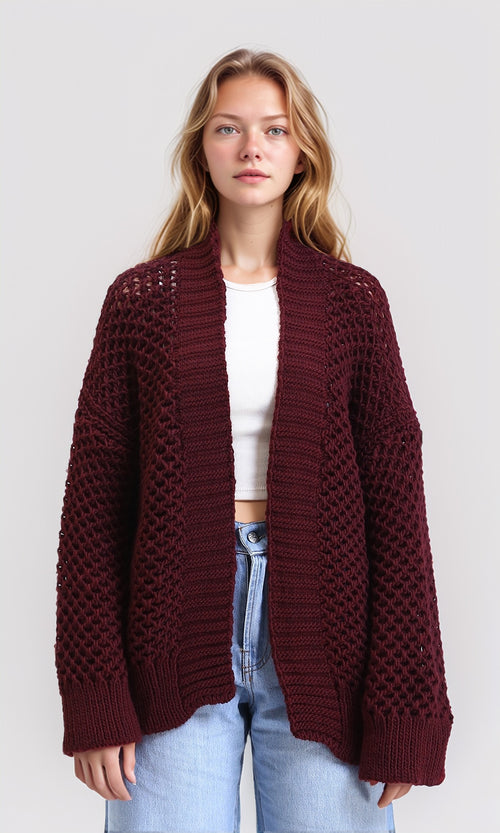 R213242 - Ribbed Neckline Knitted Cardigan - Dark Burgundy