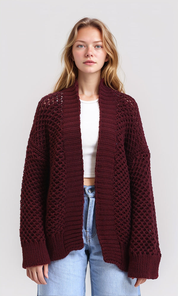 R213242 - Ribbed Neckline Knitted Cardigan - Dark Burgundy