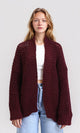 R213242 - Ribbed Neckline Knitted Cardigan - Dark Burgundy