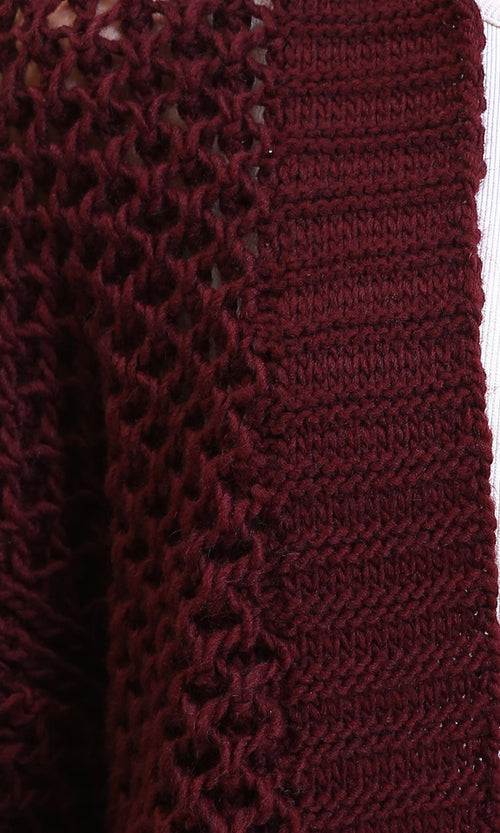 R213242 - Ribbed Neckline Knitted Cardigan - Dark Burgundy