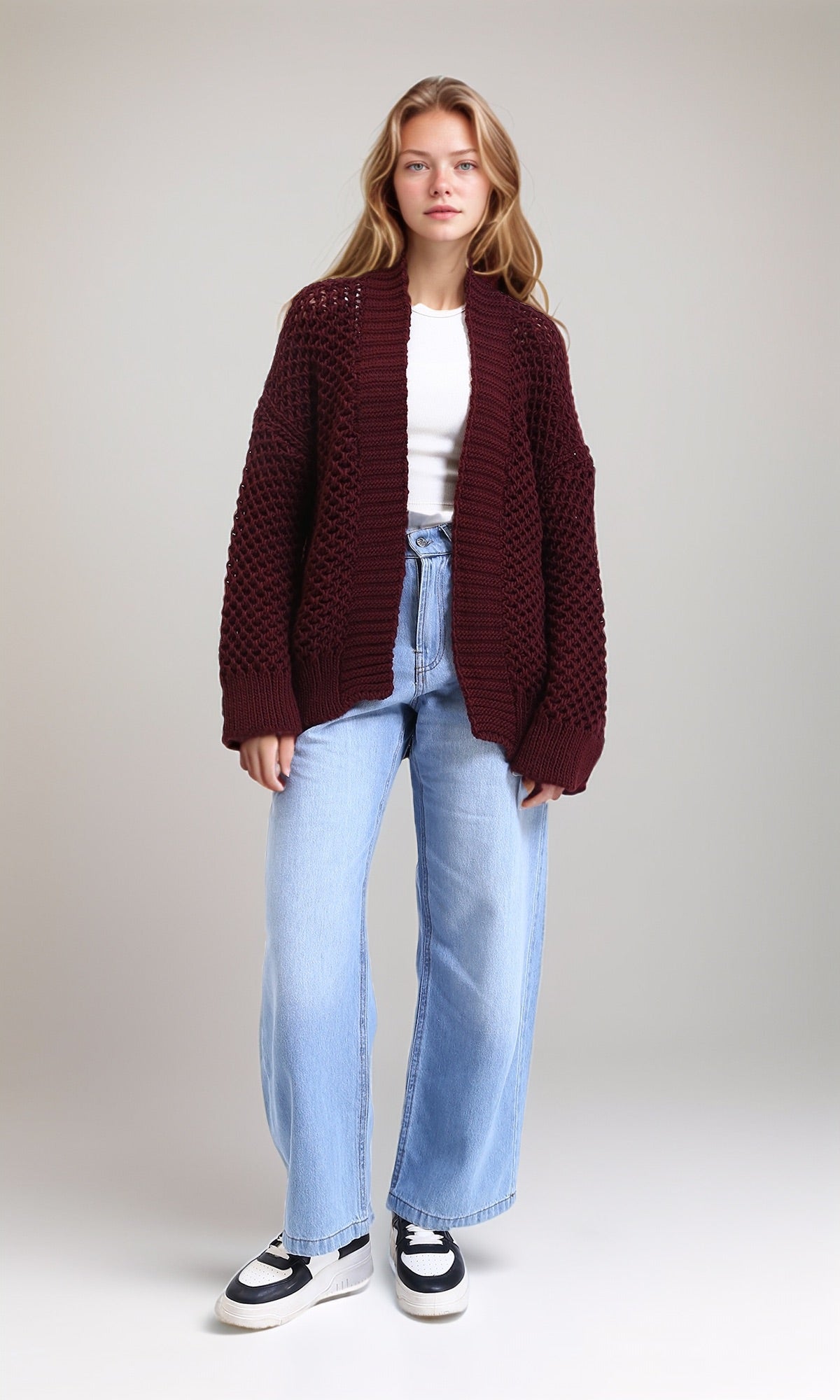 R213242 - Ribbed Neckline Knitted Cardigan - Dark Burgundy