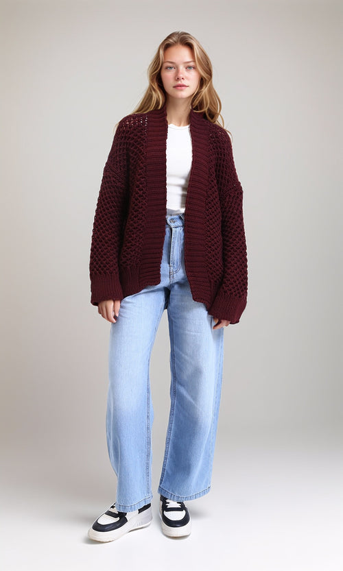 R213242 - Ribbed Neckline Knitted Cardigan - Dark Burgundy