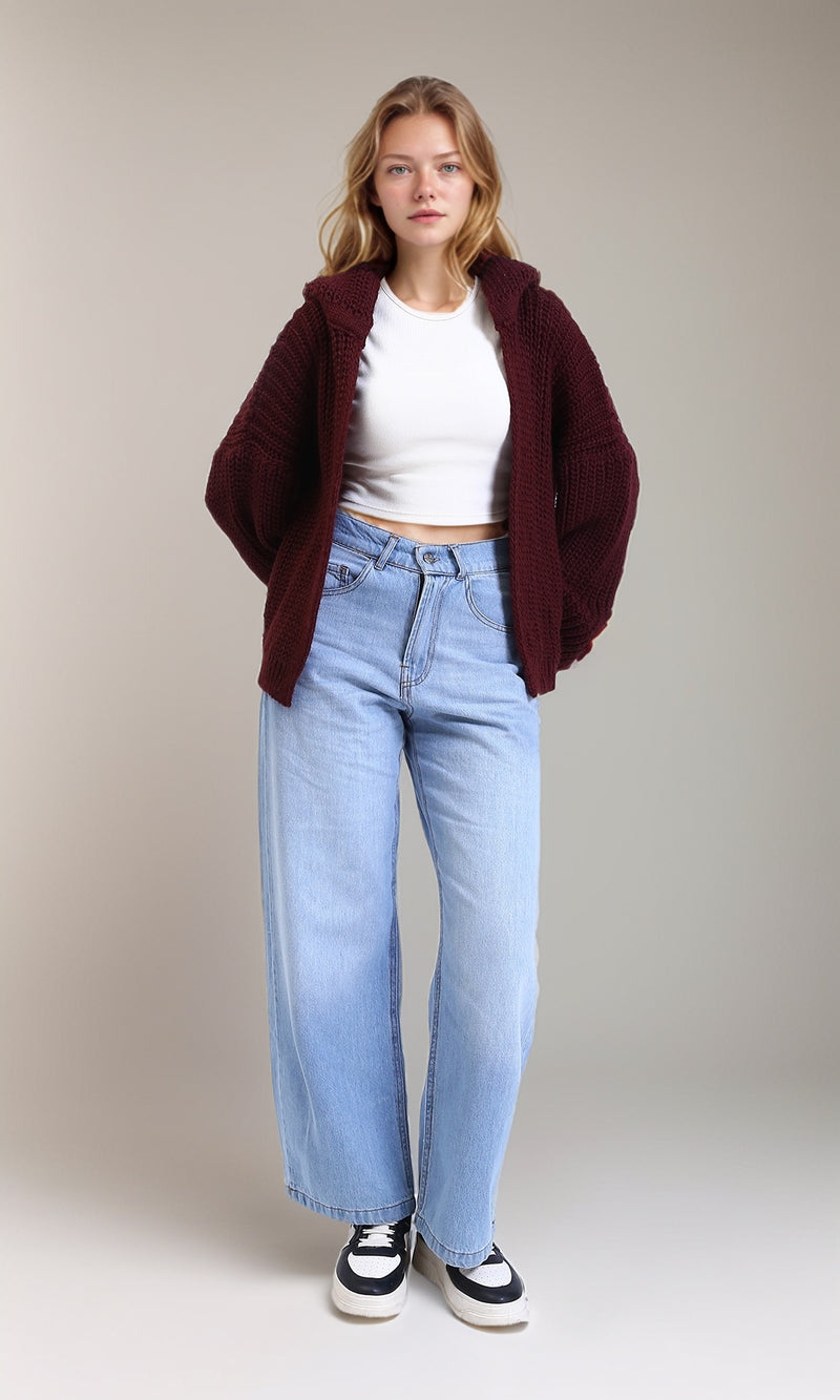 R213242 - Ribbed Neckline Knitted Cardigan - Dark Burgundy