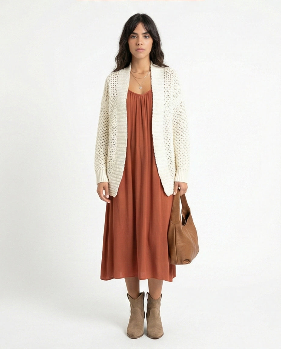 Slip On Chunky Knit Winter Cardigan - Off-White