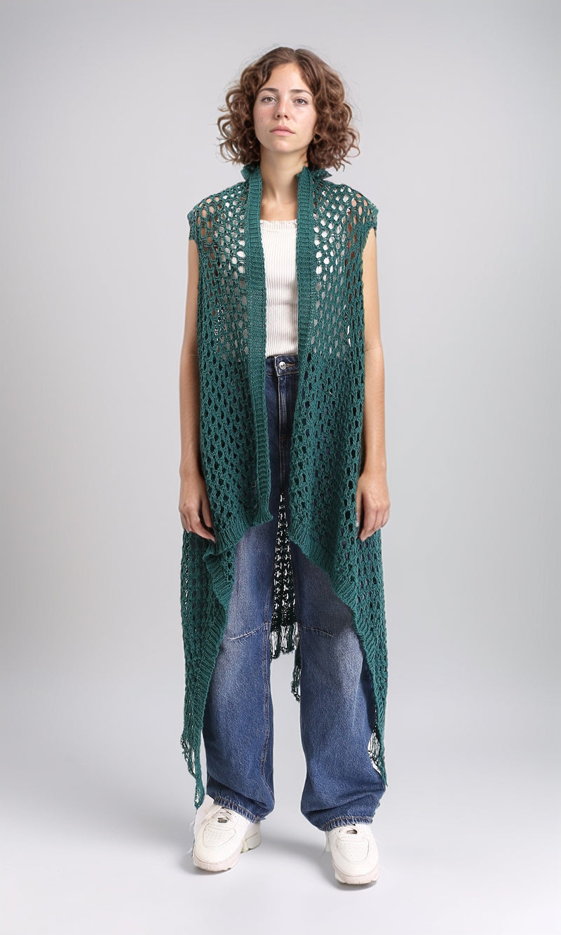 R213244 - Perforated Knit Asymmetric Cardigan - Dark Green