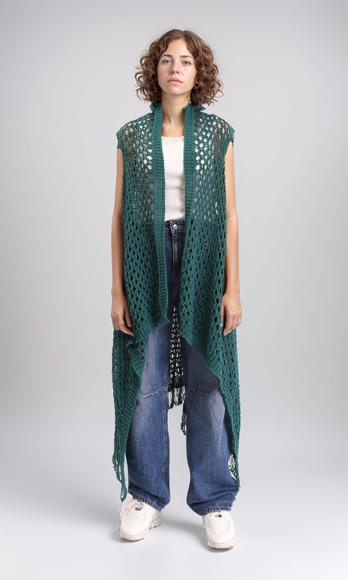 Perforated Knit Asymmetric Cardigan - Dark Green