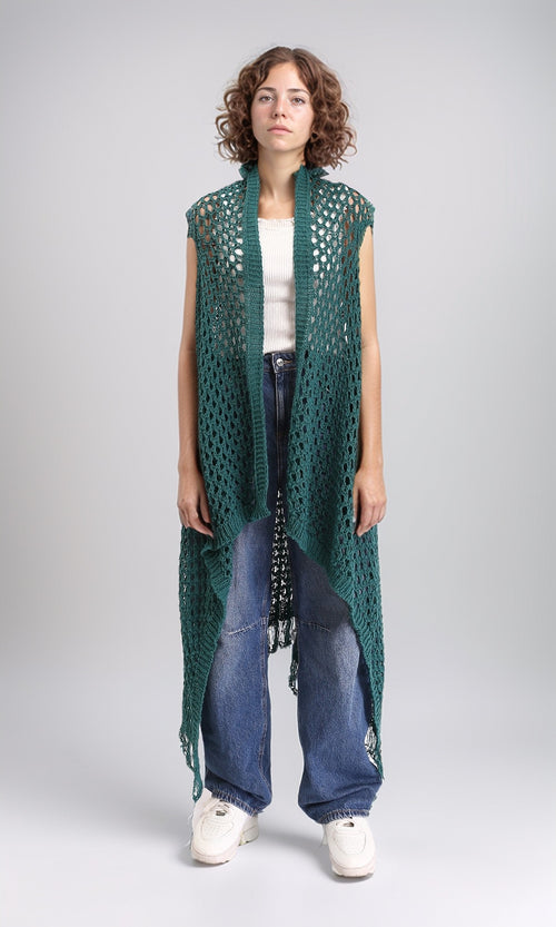 Perforated Knit Asymmetric Cardigan - Dark Green