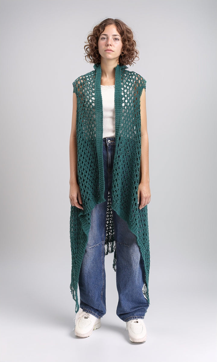 Perforated Knit Asymmetric Cardigan - Dark Green